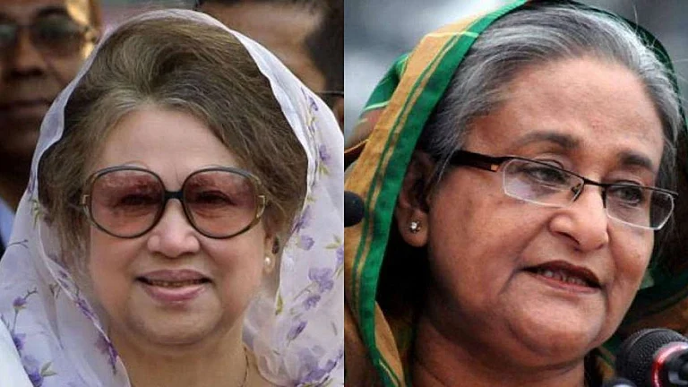 Former Bangladesh PMs Khaleda Zia (L) and Sheikh Hasina (R) - PTI